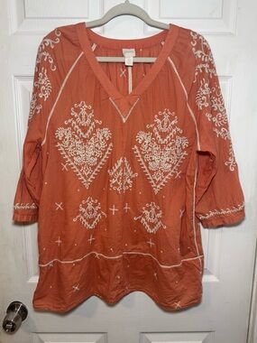 Chico’s Embroidered Coral Orange Bohemian Cotton Tunic Top Women’s Large (2)